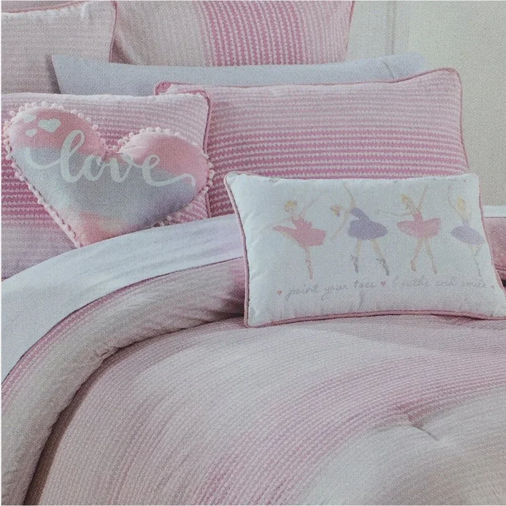 5pc Nicole Miller Ballerina FULL QUEEN Set Comforter Pillows Dance Hearts Pink
